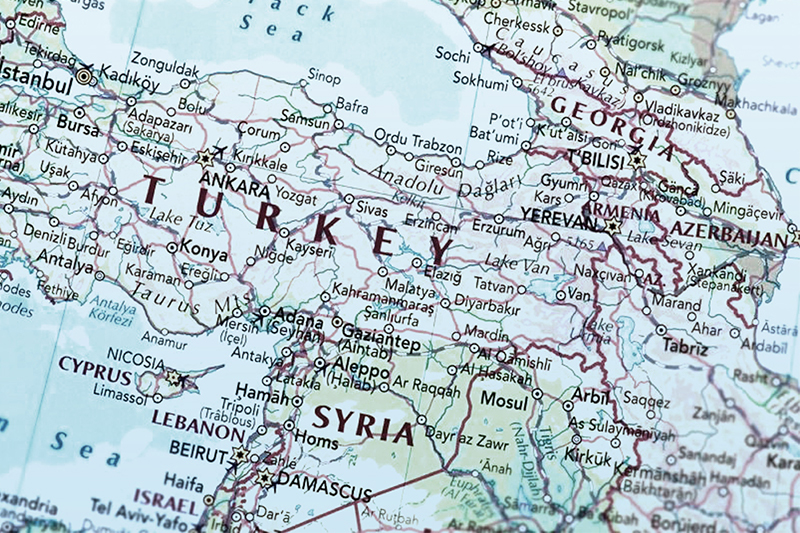 Close-up of map of Syria and Turkey